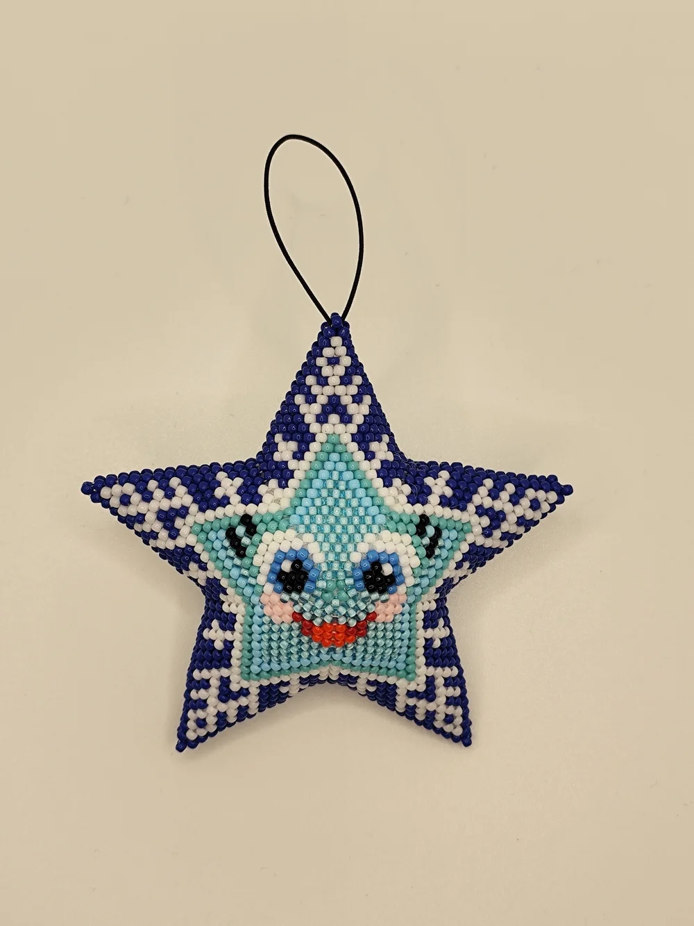 Handmade Blue Star Beaded Holiday Ornament - Smiling Face